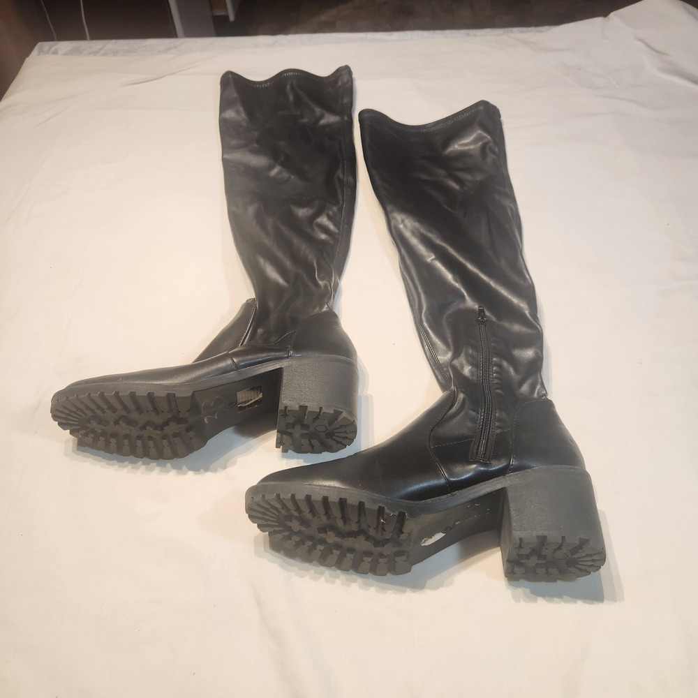 ⭐️Black Lug Sole Knee High Boots Platform Block Goth Grunge Cyber Punk Moto Sz 9